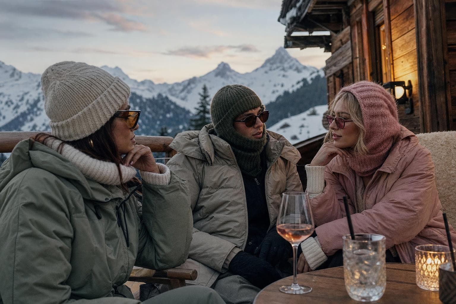 Three friends sharing an après-ski moment on a mountain terrace