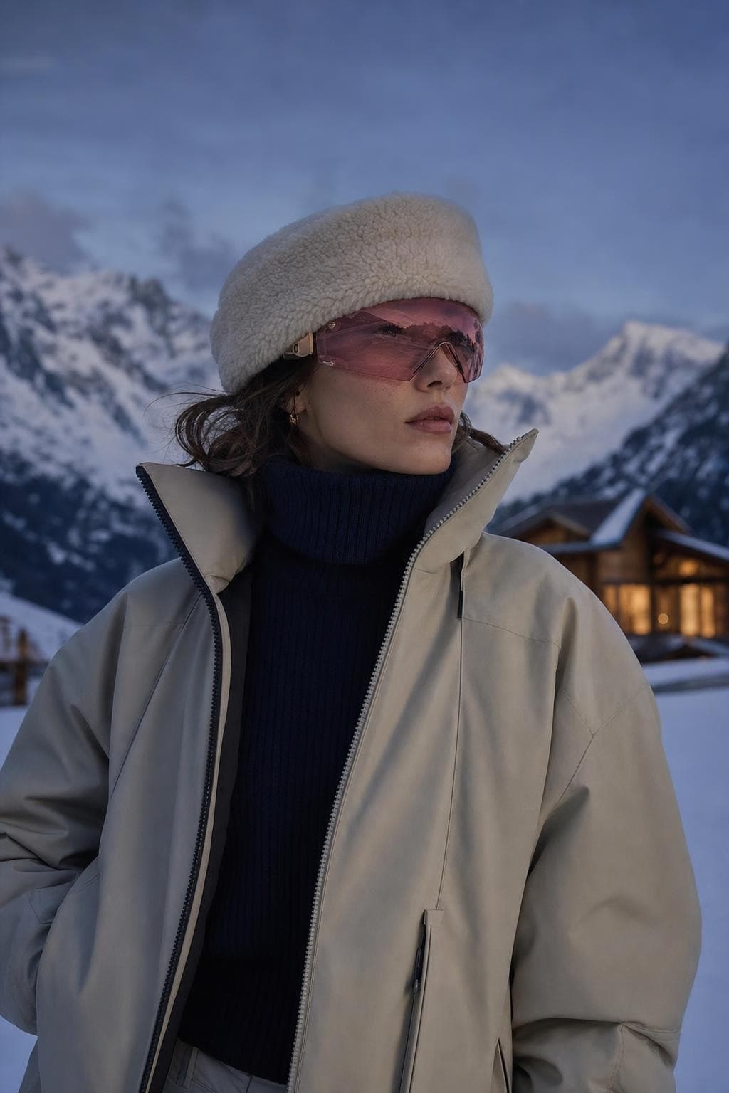 Woman wearing rose-tinted eyewear and a shearling hat with snowy mountains behind her
